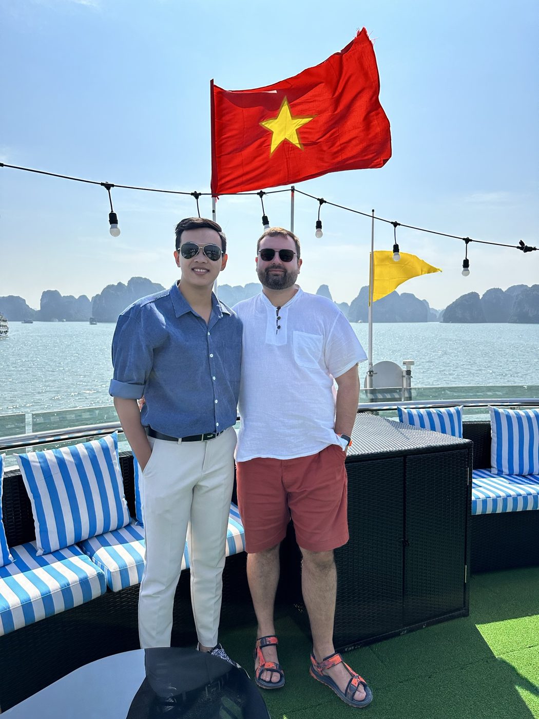 Tomasz and Trường on a boat in Hạ Long Bay